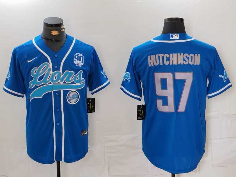 Men%27s Detroit Lions #97 Aidan Hutchinson Blue With 90th Patch Cool Base Stitched Baseball Jersey